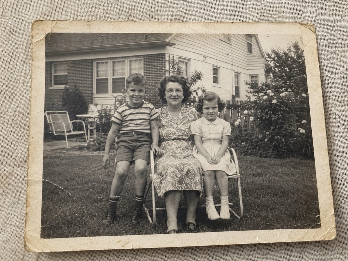Foto original: abuela con dos nietos sentados en el jardín de casa