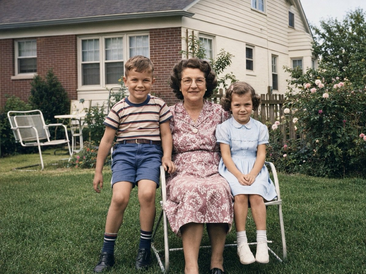 Foto restaurada: abuela con dos nietos sentados en el jardín de casa