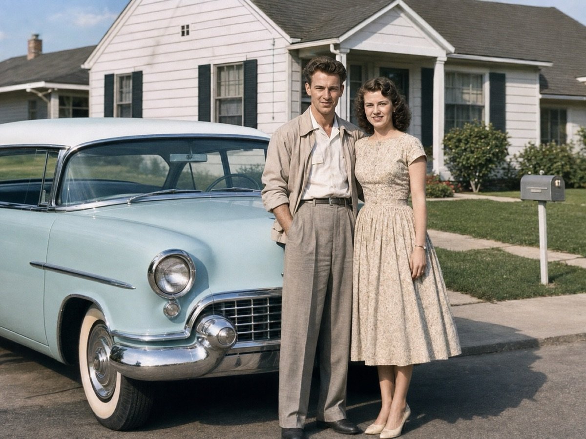 Foto restaurada: pareja joven junto a un auto clásico, frente a la casa