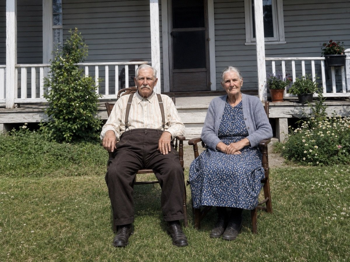 Foto restaurada: pareja de ancianos sentados frente a la casa de la familia
