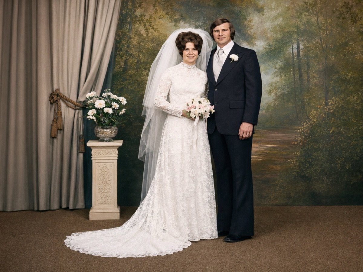 Foto restaurada: novios posando en un estudio en los años 70