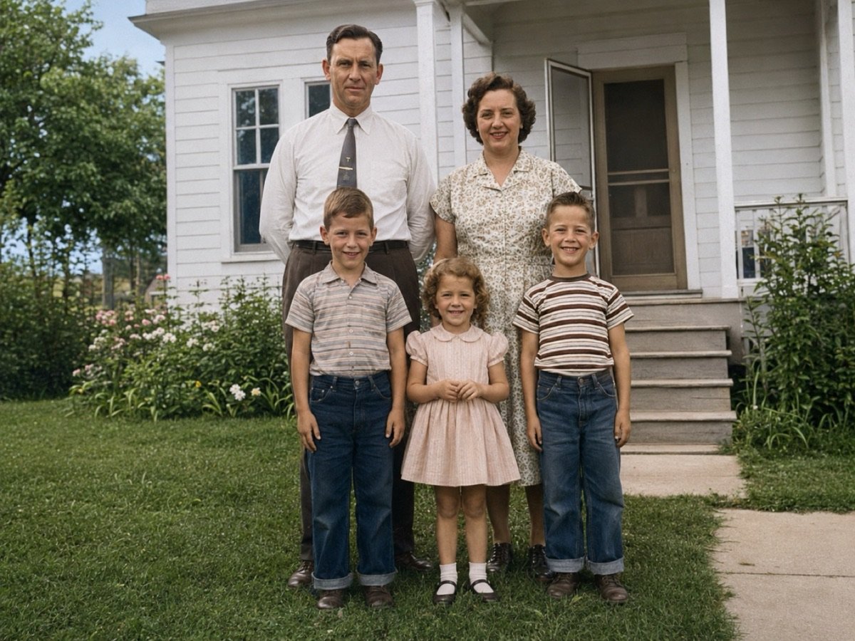 Foto restaurada: familia reunida frente a la casa en los años 50