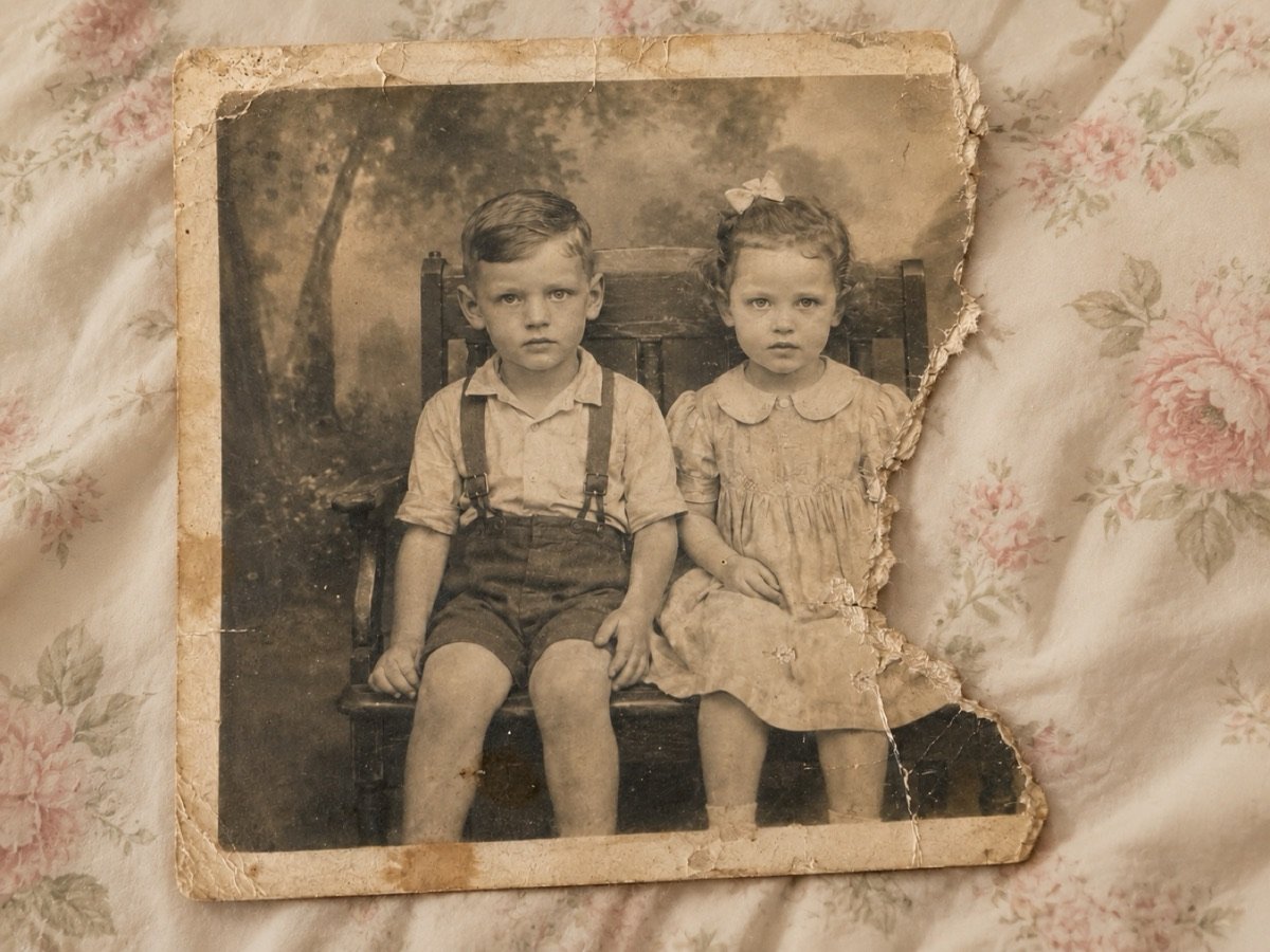 Foto original: dos niños posando en un estudio en los años 40