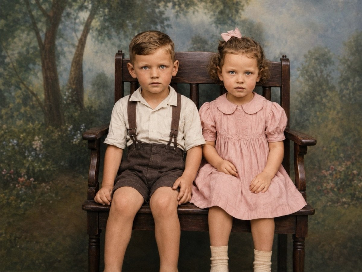 Foto restaurada: dos niños posando en un estudio en los años 40